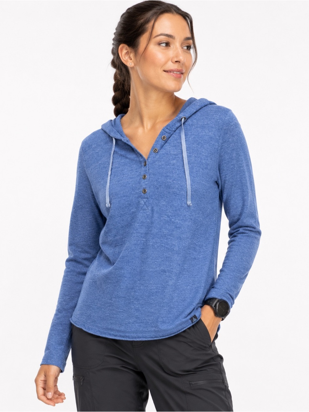 PrAna Devan Henley Hooded Pullover Size Small Blue Slub Jersey Outdoor